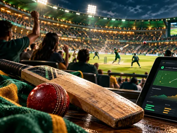 playrupees Cricket bat and ball beside a match dashboard in a floodlit stadium