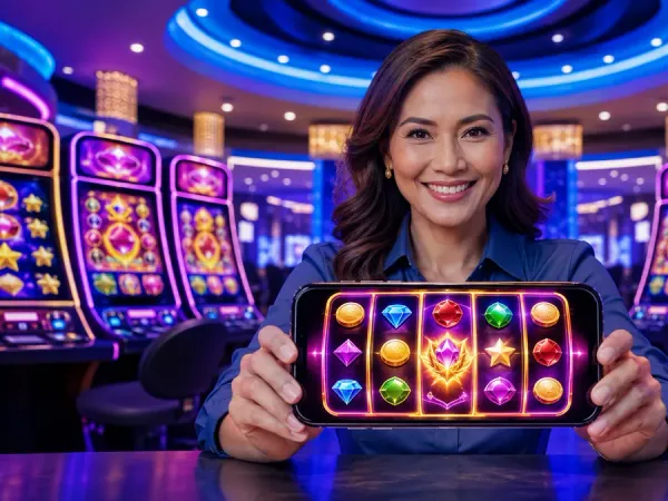 playrupees Woman presenting a phone with fruit reels under blue casino lighting