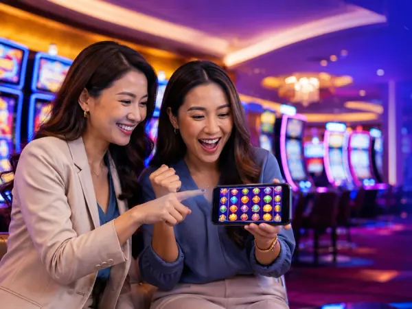 playrupees Two women looking at fruit reels on a smartphone