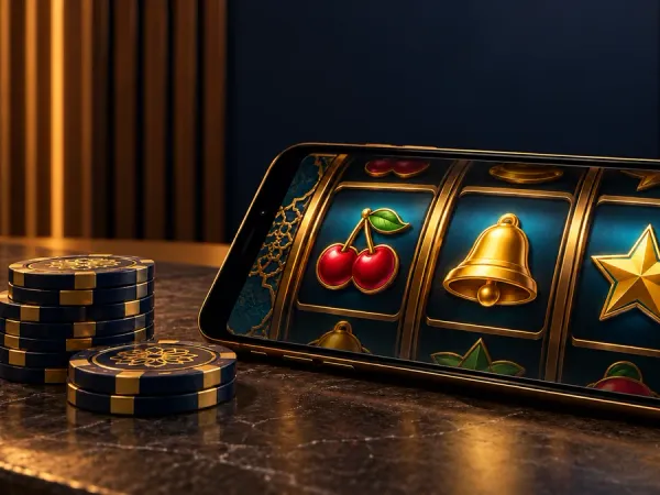 playrupees Smartphone with fruit, bell and star reels beside casino chips