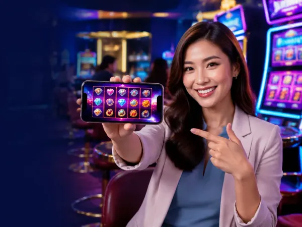 playrupees Woman holding a phone with colourful fruit reels on screen