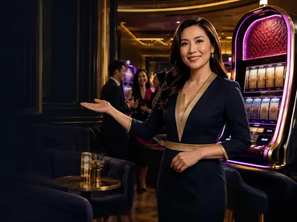 playrupees Woman in a dark blazer beside a slot machine in a dim lounge