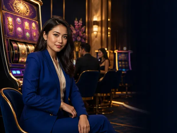 playrupees Woman in a blue suit seated beside slot machines in a warm-lit lounge