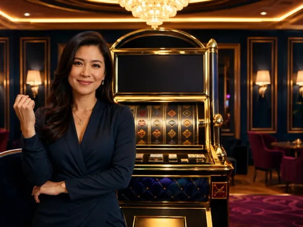 playrupees Woman seated before a gold-framed slot machine in an elegant lounge
