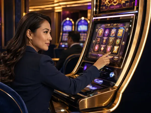 playrupees Seated woman looking back from a slot machine with golden trim