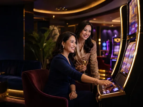 playrupees Two women seated together at slot machines in a dark lounge