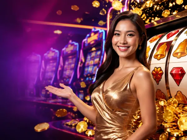 playrupees Woman in a gold dress beside a slot machine and scattered gold coins