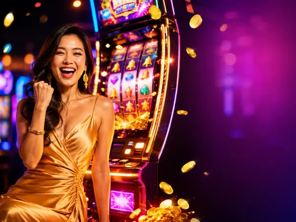 playrupees Woman beside gold-framed slot reels under bright casino lighting