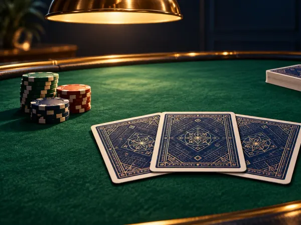 playrupees Three face-down blue cards with chips and a deck on a green table
