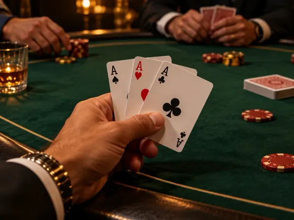 playrupees Player holding three aces above a green card table with casino chips