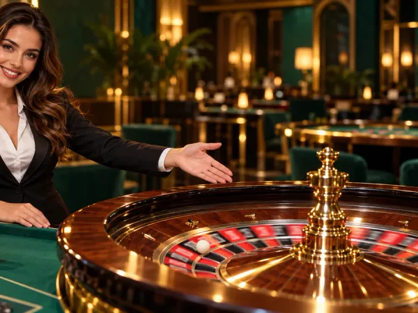 playrupees Female dealer presenting a roulette wheel and chips at a green table