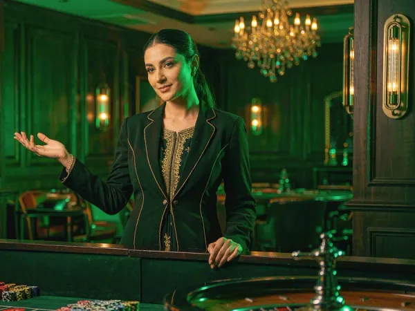 playrupees Woman gesturing towards a roulette wheel beside stacked chips