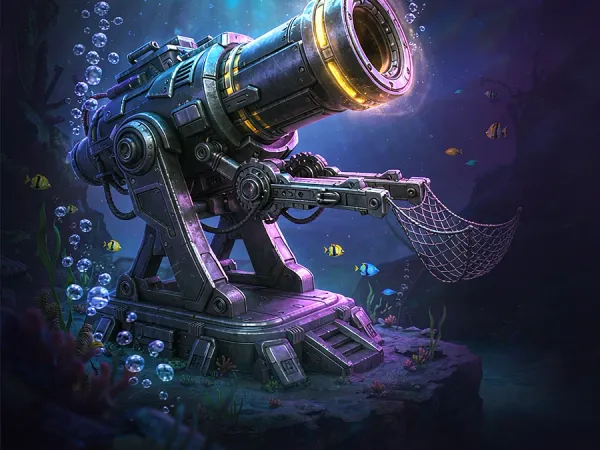 playrupees Illustrated underwater cannon facing a school of fish