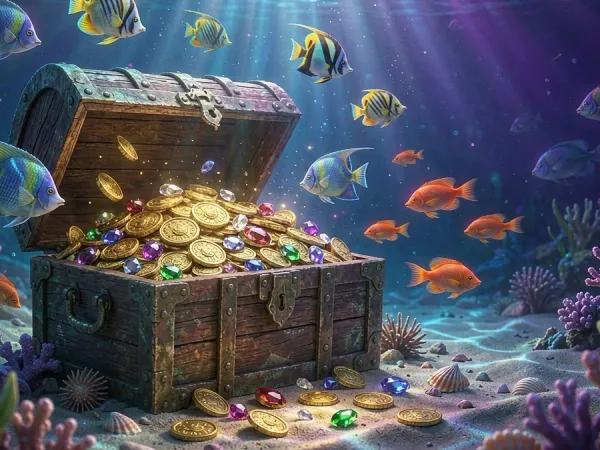 playrupees Open treasure chest with coins and fish underwater