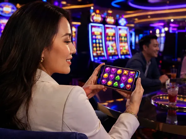 playrupees Seated woman holding a phone beside illuminated slot machines