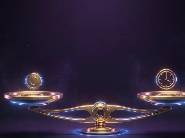playrupees Balance scale with glowing symbols on both sides