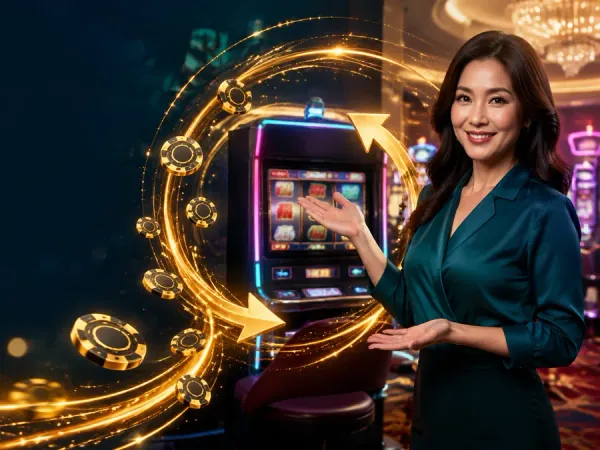 playrupees Woman in a teal blouse beside slot reels and a circular gold light trail