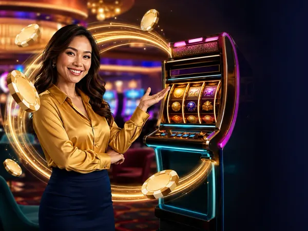 playrupees Woman in a gold blouse presenting a slot machine with a sweeping gold arrow
