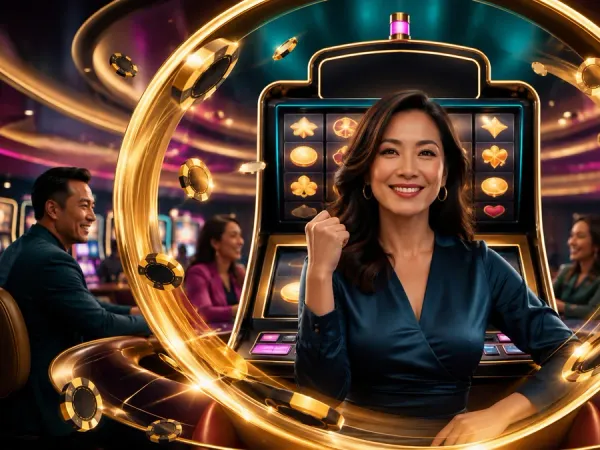 playrupees Woman in a blue blouse framed by a gold ring before slot reels