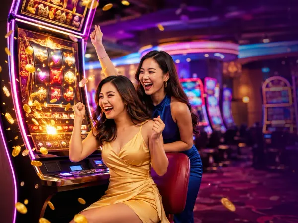playrupees Two women beside golden slot reels and illustrated coins