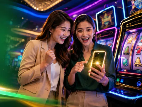 playrupees Two women looking at a smartphone beside green-lit slot machines